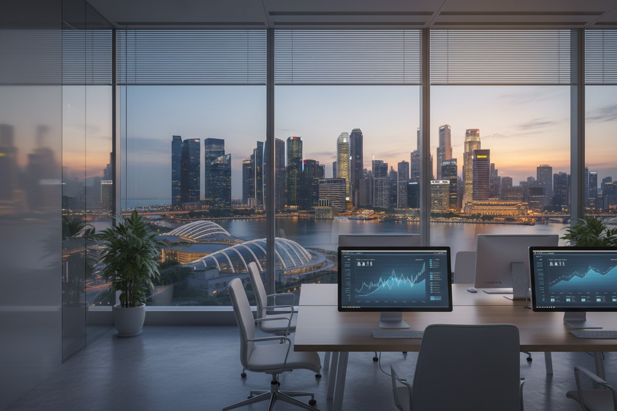 Modern office interior featuring wooden desks with computers displaying financial charts, overlooking a city skyline at dusk through large glass windows.
